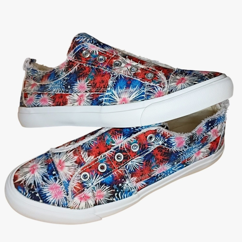 Corkys Babalu Slip On Sneakers Womens 9 Red White Blue Fireworks Canvas Shoes